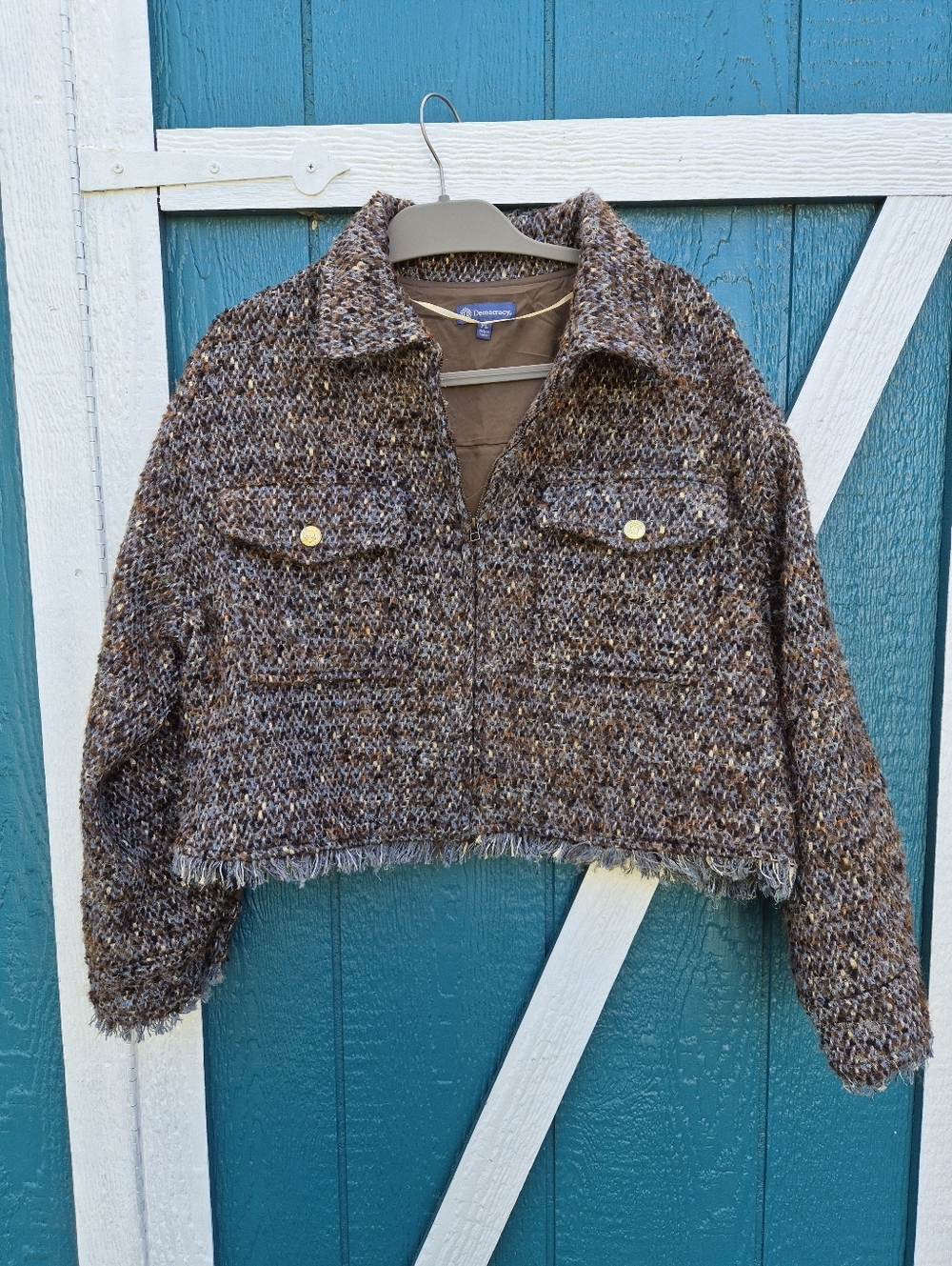 Democracy Cropped Tweed Jacket in Brown Multi